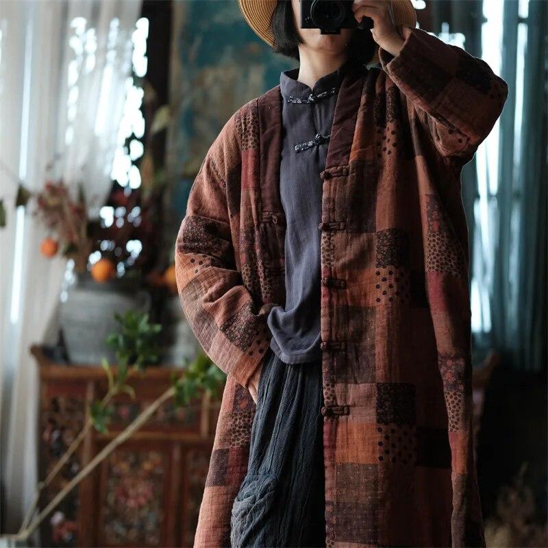 Johnature Dámské Vintage zimní parky s výstřihem do V bavlněné kabáty s dlouhým rukávem v čínském stylu dámské dlouhé parky