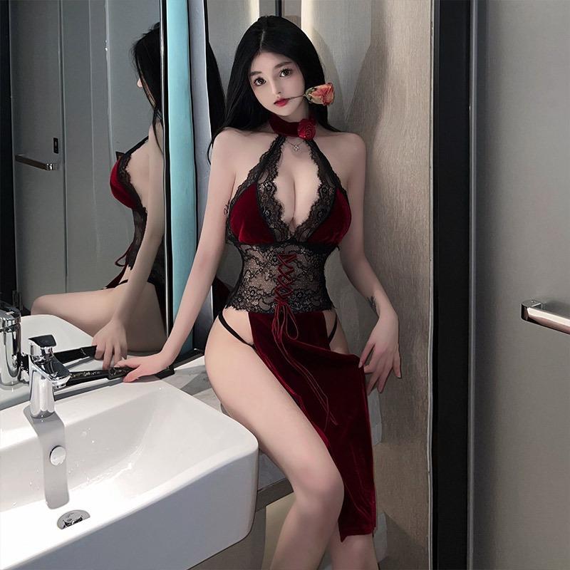 Sex Underwear Republic of China Cheongsam High Split Husband and Wife Products Set Guochao Lace Neck Nightdress Pajamas