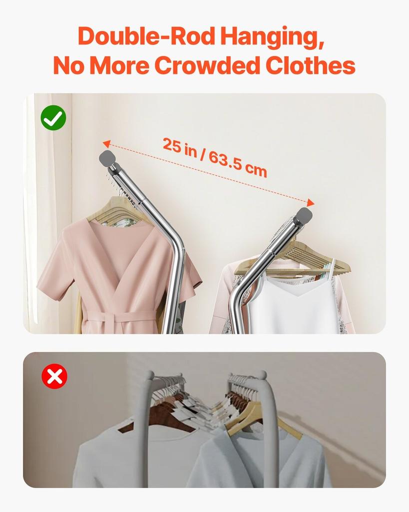 Clothes Rack, Rolling Clothing Garment Rack with 2 Hanging Rods and Storage Basket, 150 kg Load Capacity, Extendable Carbon Steel Clothing Racks with