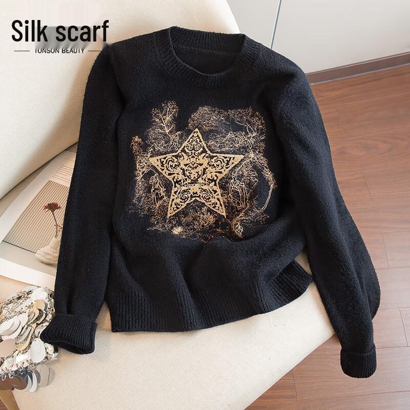 

Women s Fashion Color-block Round Neck Loose Sweater One Size