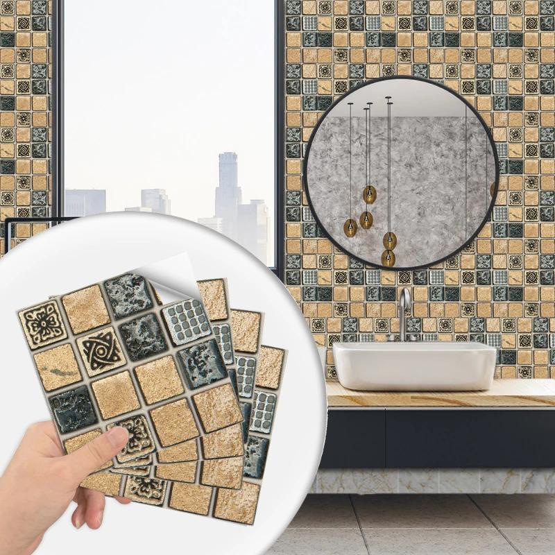 10PCS Mosaic Style Tile Simulation Stickers Self-adhesive Kitchen Waterproof PVC Wall Stickers Living Room Bathroom Decoration