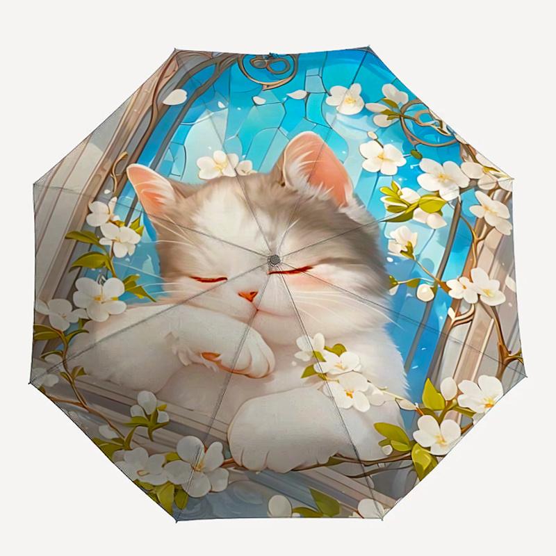 1 Stück bezaubernder weißer Blumen-Katzen-Fensterrahmen mit automatischem Regenschirm, perfekt für Fans, Reisende, den täglichen Gebrauch und als festliches Geschenk!C092