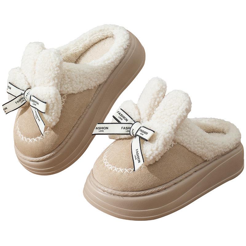 Damen Plüsch Schleifen Baumwollpantoffeln - Dicke Sohle, Warm, Kältefest, Neu für 2025, Perfekt für den Herbst-/Winter-Innenbereich.