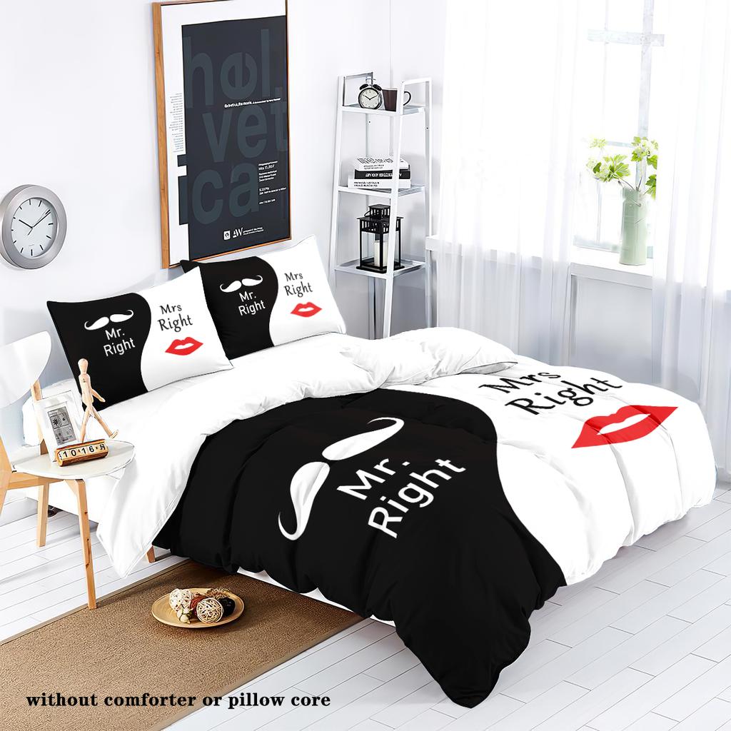 3-piece down duvet cover set in black and white color with beard and lip print for couples (1 duvet cover+2 pillowcases, no core