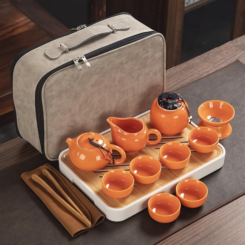 Travel ceramic Kung Fu tea set, tea tray, a full set of portable storage bags, practical business gifts for customers