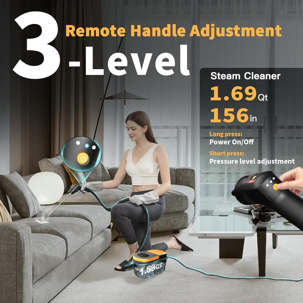 3-Level Adjustable Handle Steam Cleaner, 15s Heat-Up, 1.69 Quarts Tank, Portable Steamer with 11 Accessories for Home, Car, Floor, Couch