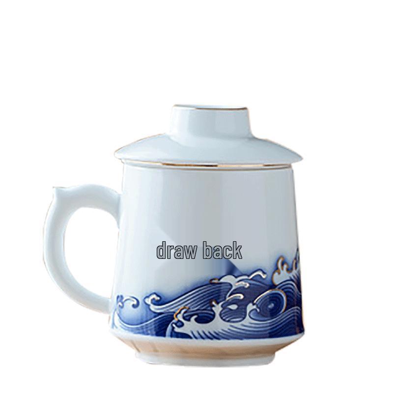 Handmade Blue and White Ceramic Office Mug with Filter - Large Capacity Tea Cup