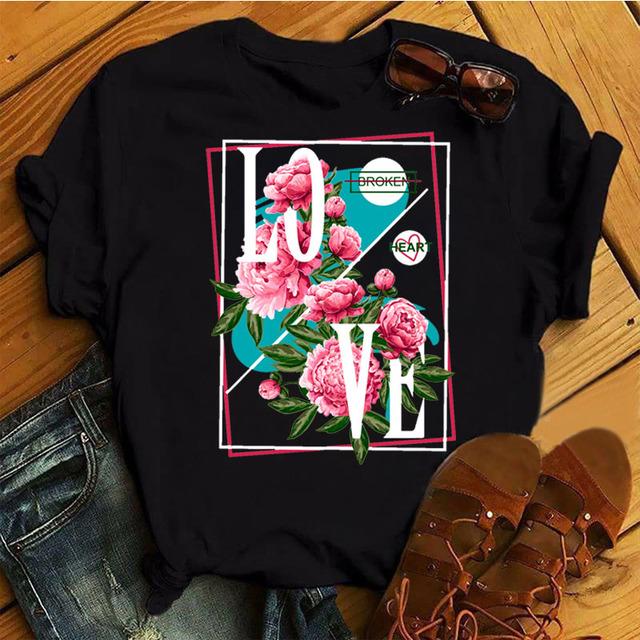 Fashion Women T Shirt Flower Printed T Shirt Casual Black Tops 90s Ladies Girl Tee Shirt Female Harajuku Graphic T -Shirt