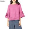 ZANZEA Women Casual Round Neck 3/4 Sleeve Loose Embroidery Patchwork Blouse