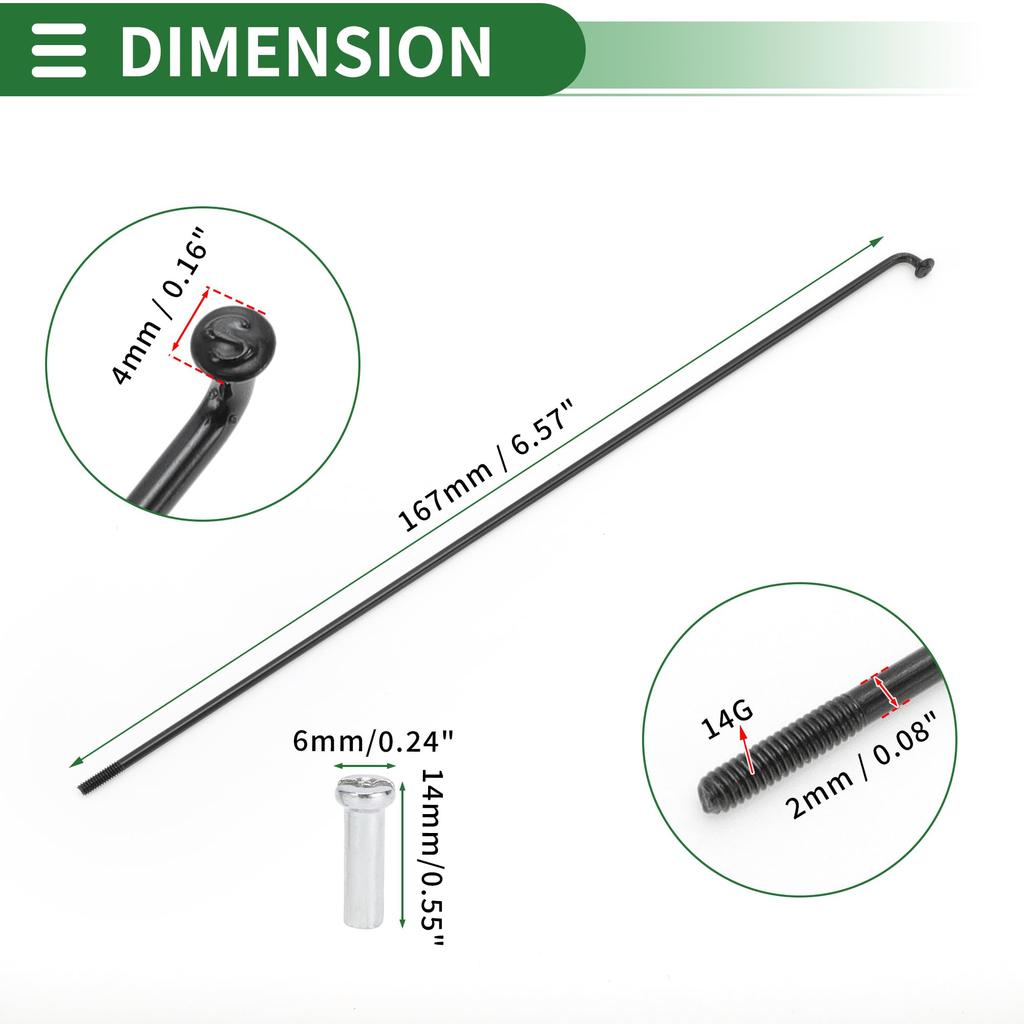 Motoforti Universal Bicycle Spokes, Bicycle Wheel Spokes, 14G, 167mm Length, Carbon Steel, Black, 1 Set