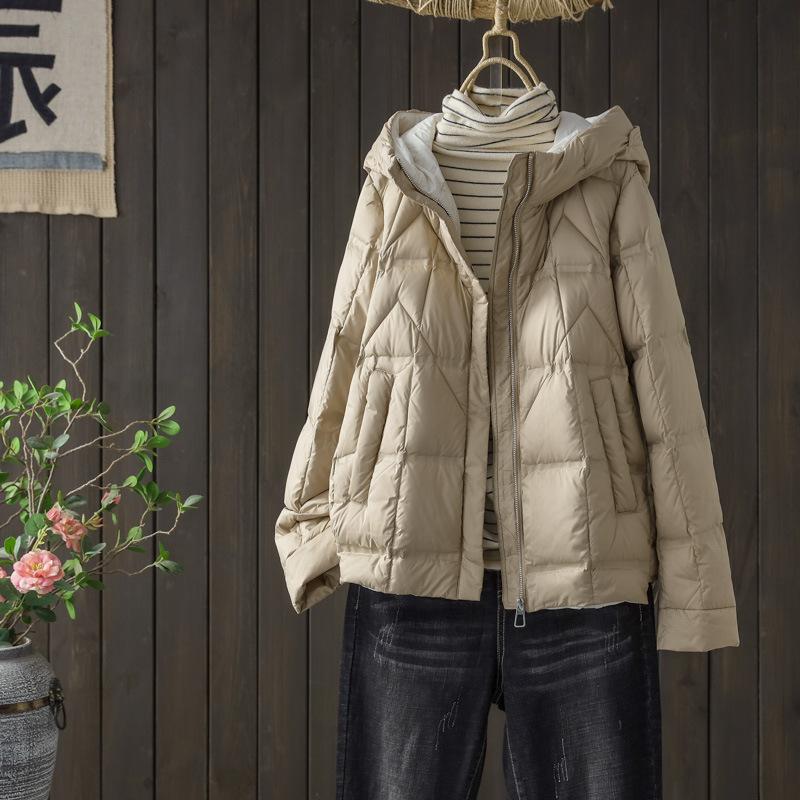Winter new loose white duck down hooded down jacket women's casual fashion warm long-sleeved short jacket