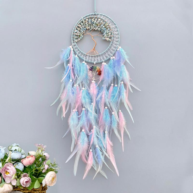 Handmade Crystal Stone Wind Chimes Dream Catcher Colorful Feathers Bedroom Hanging Ornaments Wall Pendants Festival Party Gifts