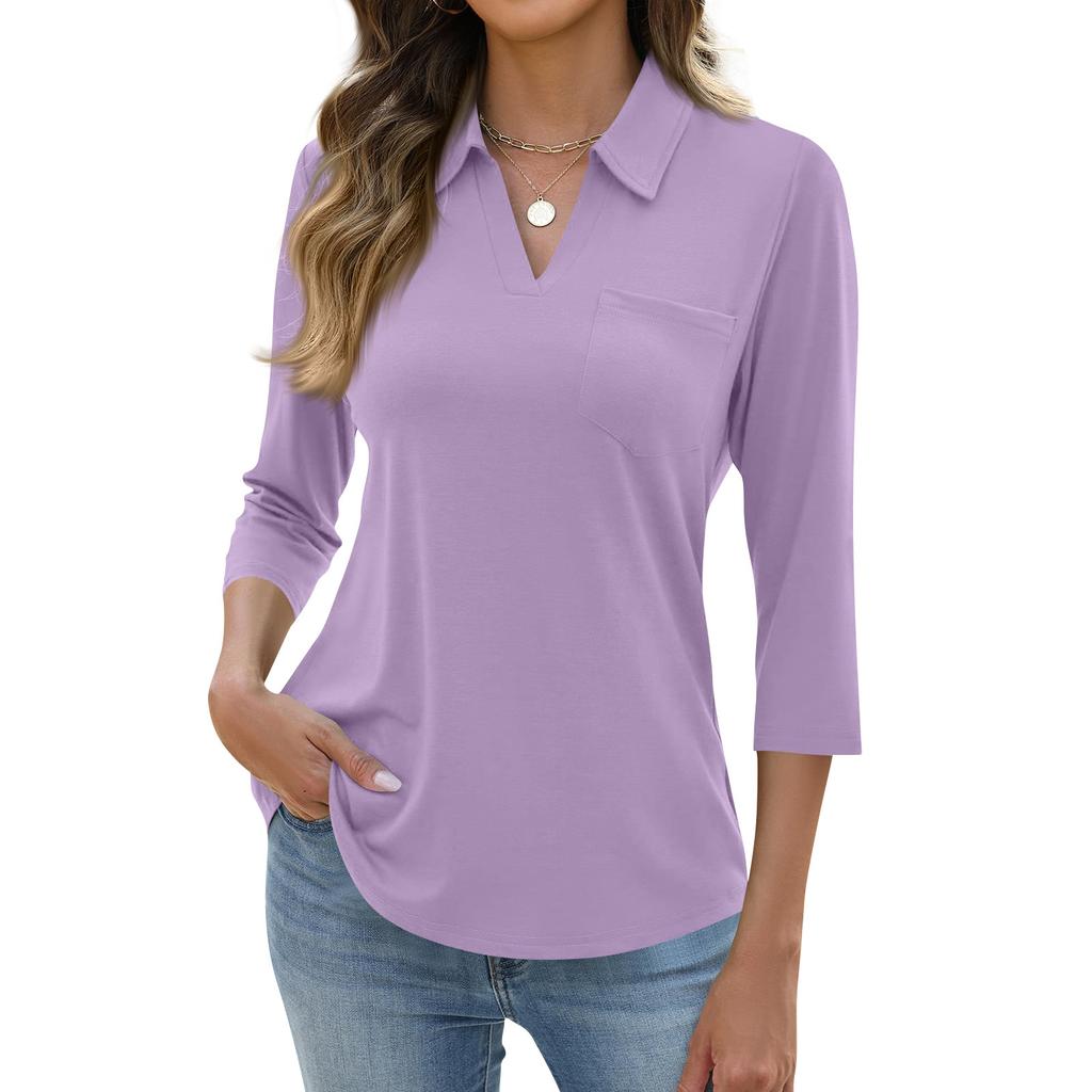 Women's Fashion Casual Lapel Short 3/4 Sleeve Color Shirt Women's Up Tops