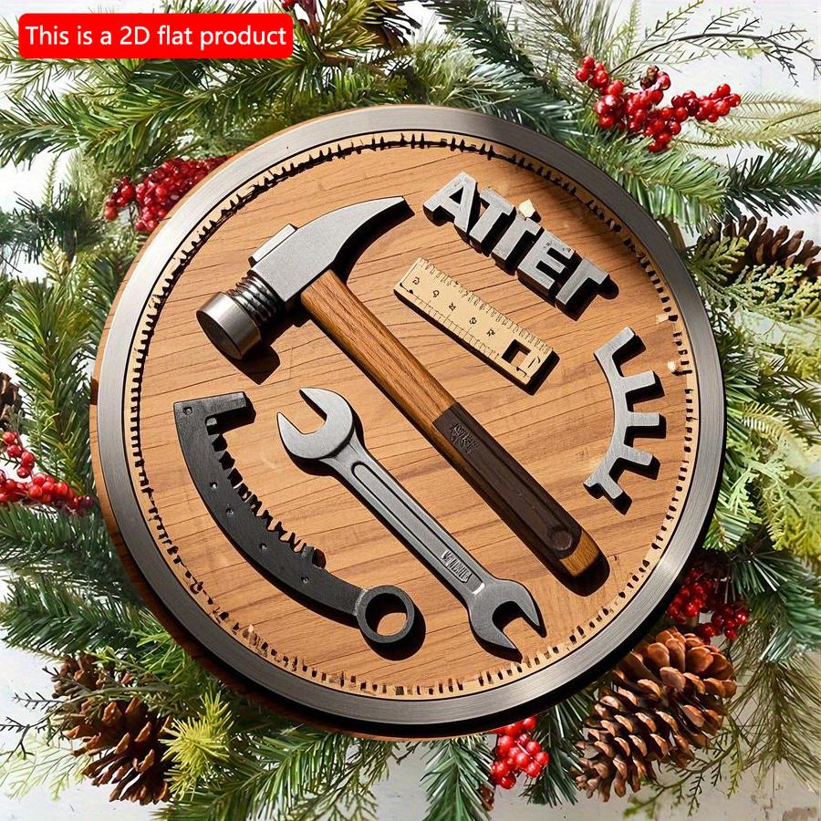 2D Flat 20cm 1pc Dad Father's Day Carpenter tool elements Round Wooden Wall Hanging Decor present, Hammer wrench ruler and Gear pattern Wooden Pendant