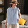 Johnature Women Vintage Summer  Shirts Solid Color Turn-down Collar Sleeveless Tops Casual Female Shirts