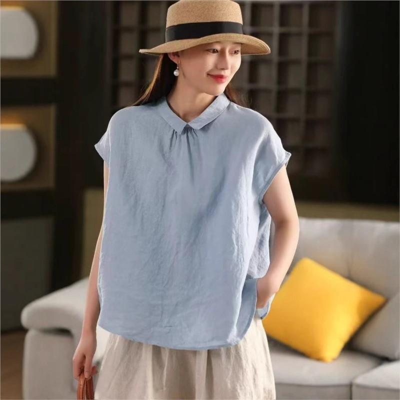 Johnature Women Vintage Summer  Shirts Solid Color Turn-down Collar Sleeveless Tops Casual Female Shirts