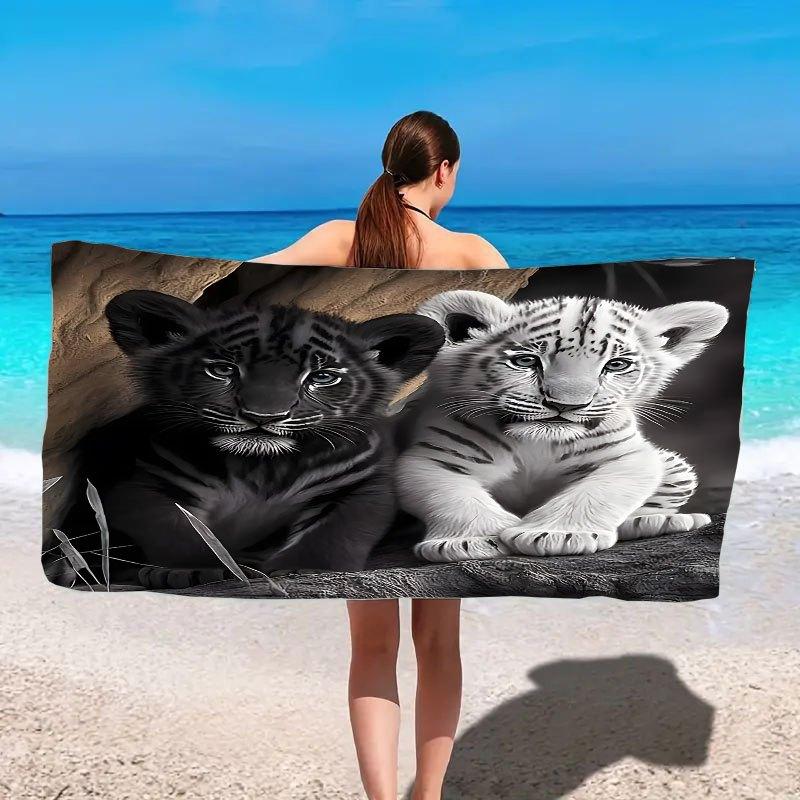 1pc Black White Tiger Cubs Beach Towel Cute Animal Print Realistic Design Quick Dry Microfiber Bath Towel For Kids Animal Lovers