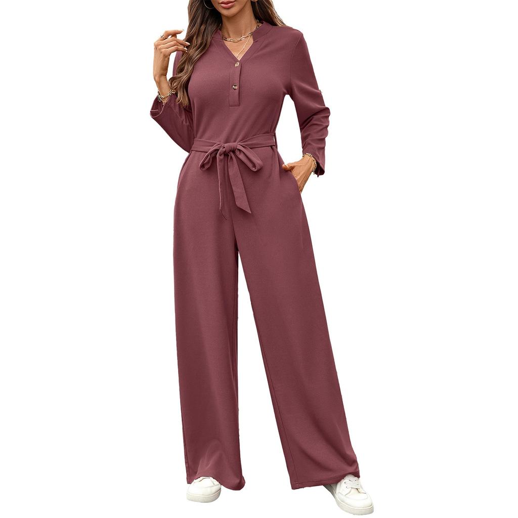 Damen Modischer Einfarbiger High Waist Button Up Langarm Lockerer Jumpsuit