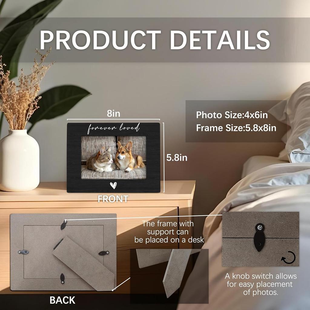 Pet Memorial Dog Cat Picture Frame 4x6, Loss of Dog Sympathy Gift Wooden Picture Frame, Pet Memorial Gifts for Dogs Cats, Forever Loved Sympathy