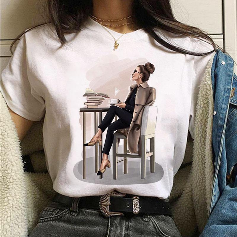 Coffee Girl Casual Women's T-shirt New Black Girl's Top Round Neck Y2K Harajuku 90S Fashion Short Sleeve Clothes,Drop Ship