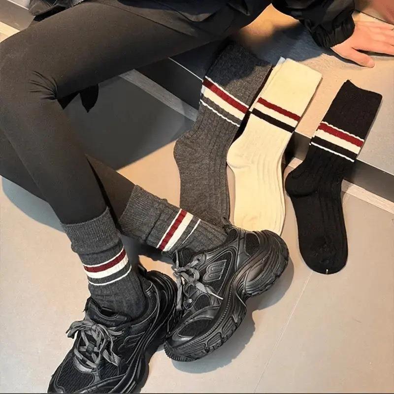 Fall/Winter Kids Wool Striped Plush Socks - College Style Athletic High-Waist Color-Contrasting Cashmere Warmth Mid-Calf Socks
