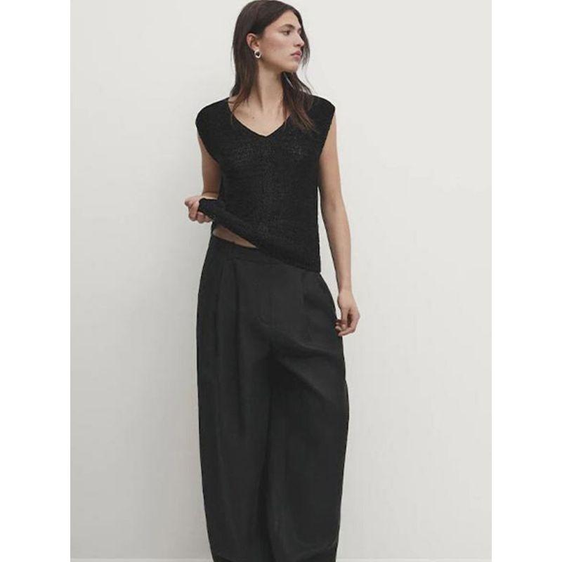 Md2024 Women Clothes Minimalist Black Fashionable Overlapping V-neck Sleeveless Knitted Sleeveless T-shirt Top 05627676800
