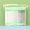Pack of 100 double-ended, disposable cotton swabs with paper sticks for ear cleaning and makeup application.