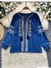 Women's Spring Autumn Shirt New Retro Bohemian Embroidered Lace Up Lantern Long Sleeves Blouse Top