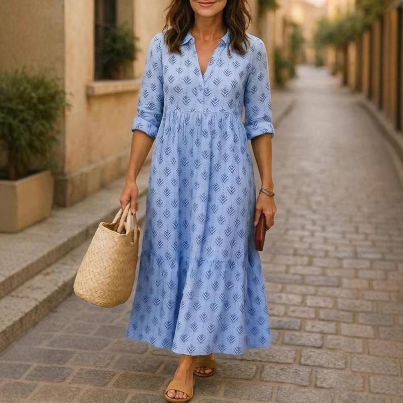 New Women's Casual Long Sleeve Lapel Long Digital Print Women's Shirt Dress