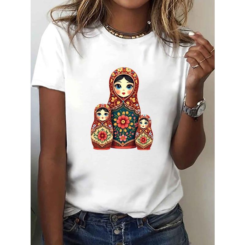 Women's Russian Matryoshka Nesting Doll Print T-Shirt Casual Crew Neck Short Sleeve All-Season Top