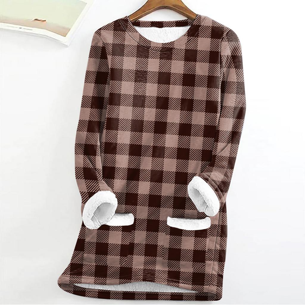 Women's Fashion Plaid Print Round Neck Long Sleeve Plush Winter Warm Pullover Top