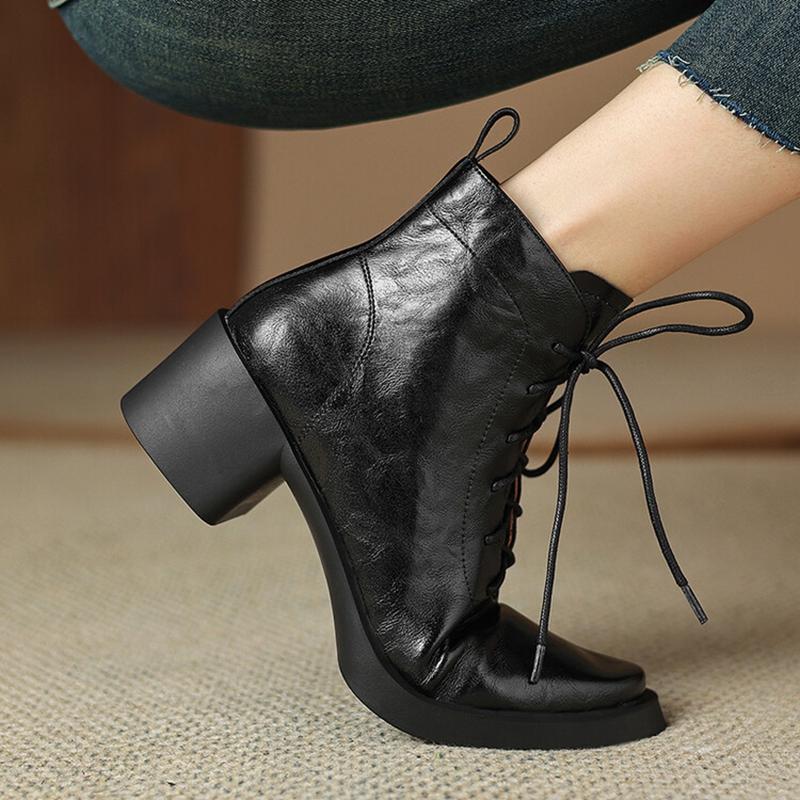 Fashion NEW Autumn/Winter Women Boots Round Toe Chunky Heel Shoes Split Leather Shoes for Women Lace-up Ankle Boots Zipper Modern Boots