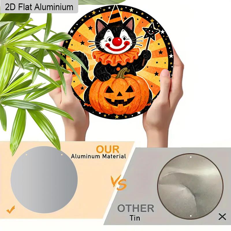 2D Flat Aluminium Halloween Sign with Black Cat & Pumpkin Pattern - Halloween Figurine Ornaments - Ideal for Front Door, Wall, Porch, Fence Decor
