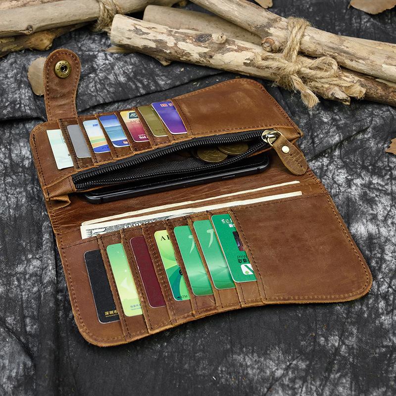 Leder Geldbörse Herren Crazy Horse Leder Lange Geldbörse Eisenkette Diebstahlschutz Prägung Dominant Multi-Karten Geldbörse 2980
