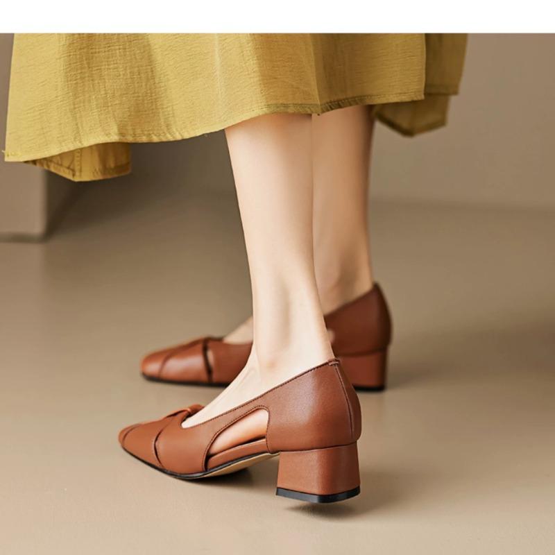 

Sheepskin square head hollow sandals women s summer wear hole shoes retro shallow mouth side air breathable thick heel single shoes 34