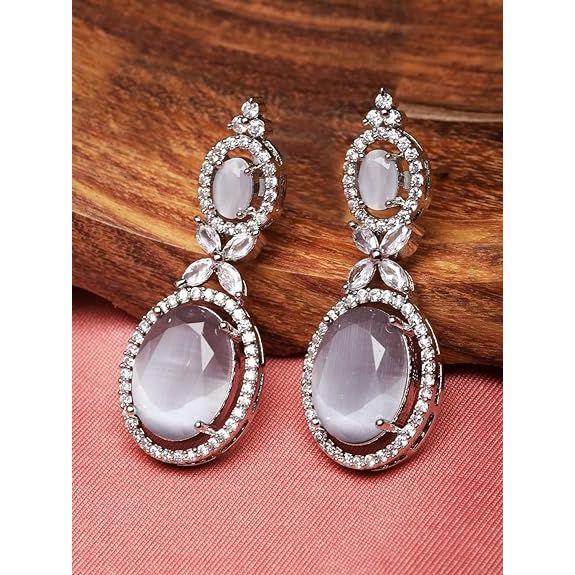 Silver-Plated American Diamond studded Oval Shaped Drop Earrings Jewellery For Girls and Women