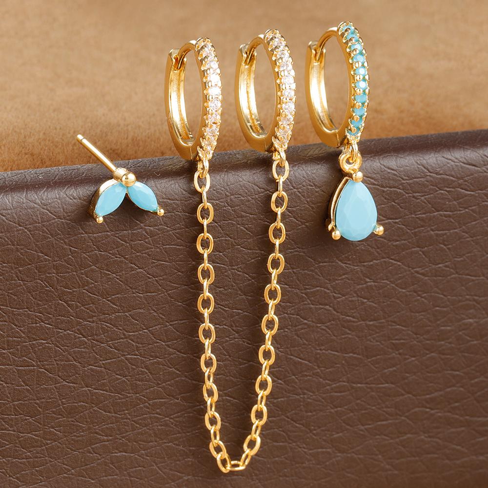 3PCS Stainless Steel Long Chain Two Hole Piercing Earrings Set for Women Tassel Horse Eye Zircon Small Hoop Earrings Jewelry