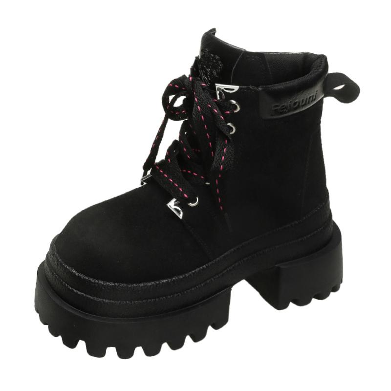 

Женские осенне-зимние кожаные ботильоны 9 см толстый каблук мотоциклетные ботинки женские толстая подошва шнуровка высокая платформа короткие ботильоны 34 чёрный