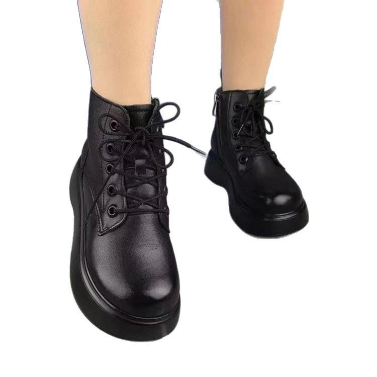 Autumn and winter new soft leather thick-soled Martin boots muffin bottom thickened warm flat-bottomed round head lace-up cotton boots