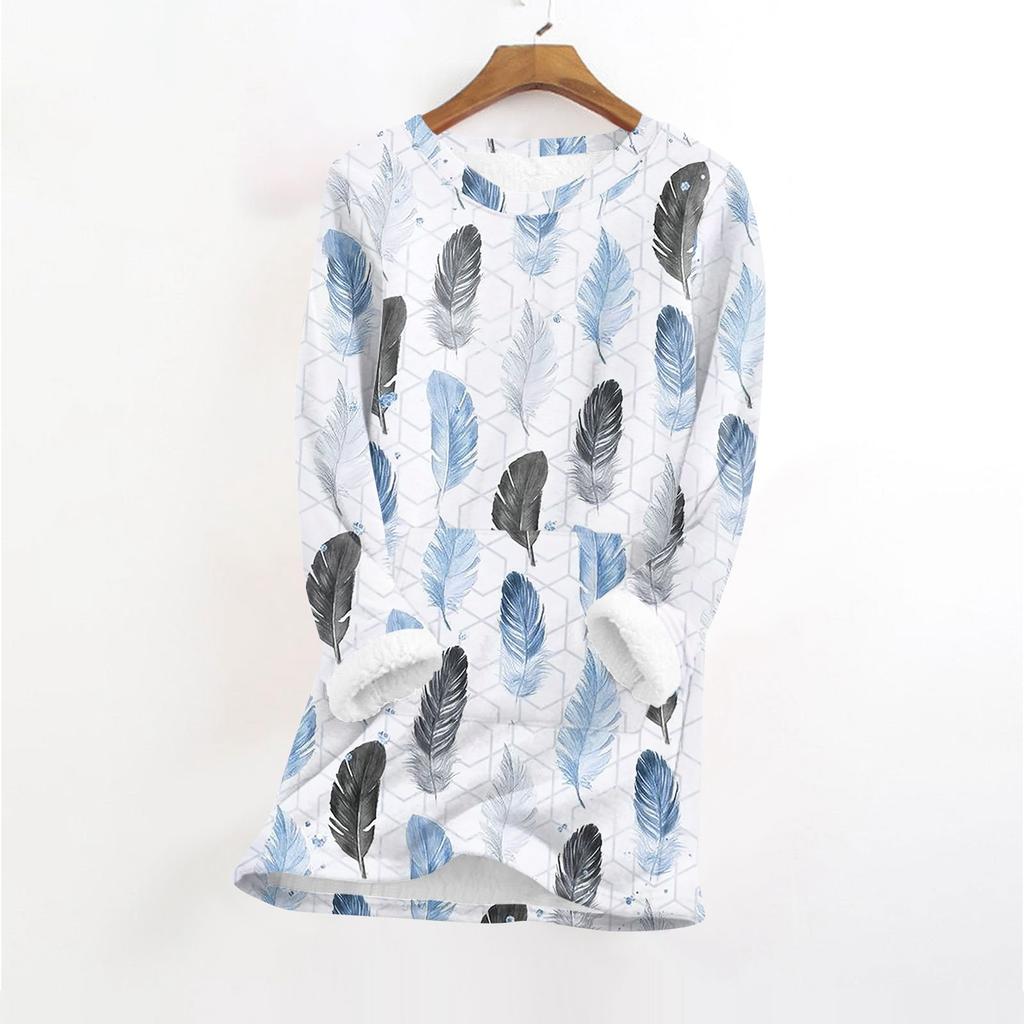 Women's Fashionable Printed Round Neck Long Sleeved Plush Warm Pullover Top