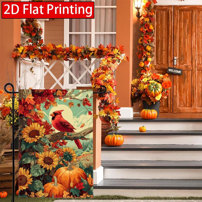 2D Flat - 2D Flat, Thanksgiving Welcome Autumn Cardinal Red Bird Pumpkin Garden Flag (4) - Outdoor Garden Flag Double-Sided Home Decoration Courtyard