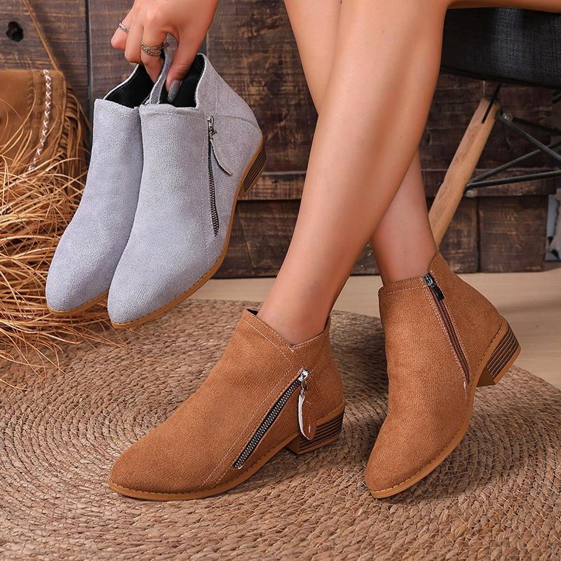 Modische Spitze Dicke Ferse Damen Stiefeletten Wildleder Seitenreißverschluss Hohe Absätze Übergroße Kurze Stiefel Einfarbige Freizeitschuhe