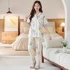 Large Size Pajamas Women's Summer New Imitation Cotton Short-sleeved Trousers Blue Fresh Printing Loungewear