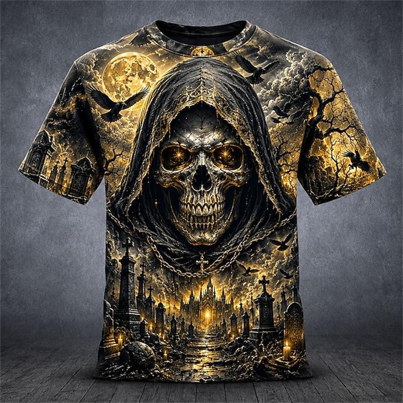 Herren T-Shirt mit Skelett-Print 3D-Druck Kurzarm Dunkler Gothic-Stil Herren Kurzarmhemd Halloween Horror-Thema Oberteil