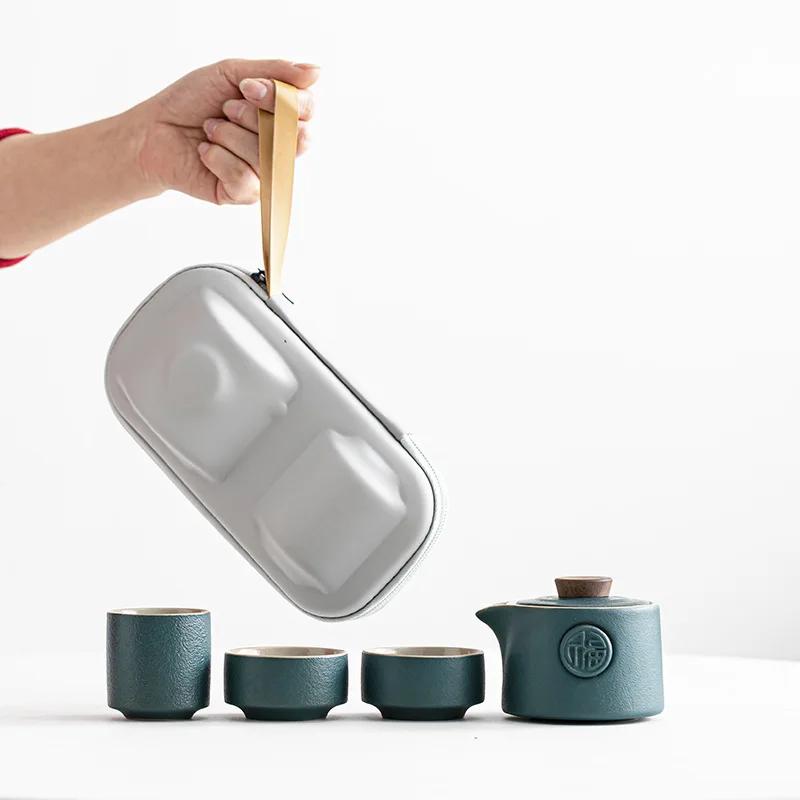 

Ceramic minimalist travel kung fu tea set Japanese portable outdoor one pot two cups household tea making pot Four-piece Set темно-зеленого
