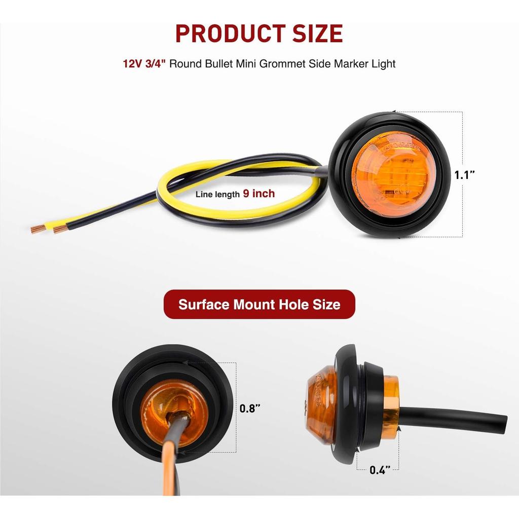 Nilight 10 PCS 3/4 Inch Round Mini LED Clearance Light LED Front Rear Side Marker Indicator Light Marker Light for Truck RV Car Bus Trailer Van