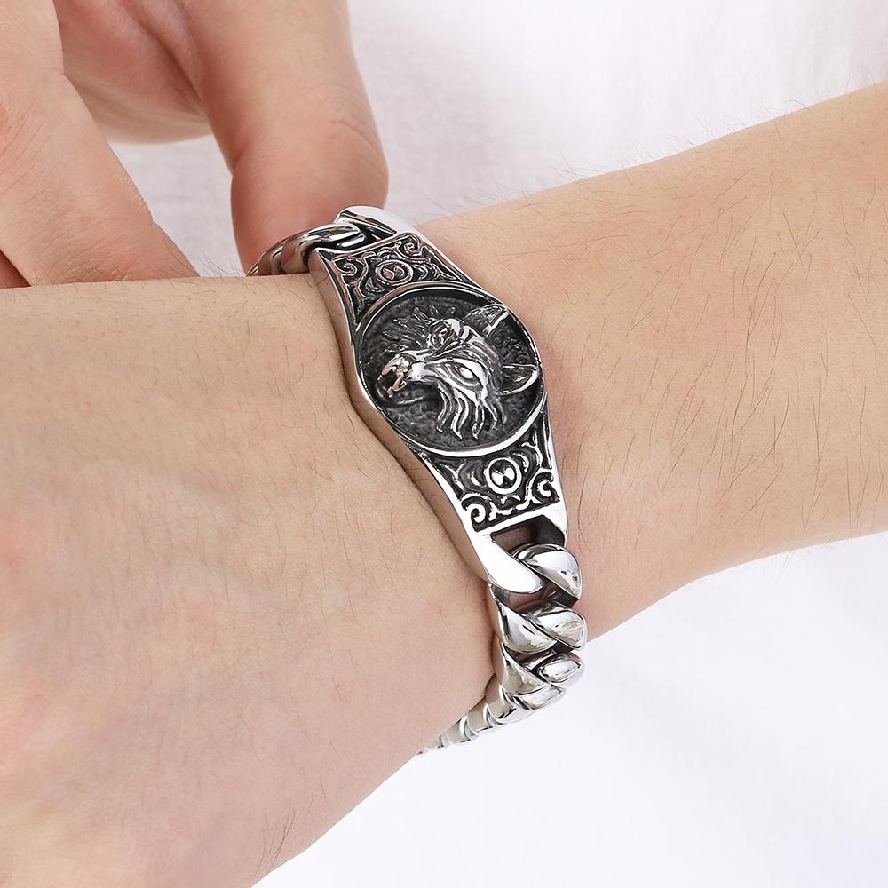 Cool Biker Mens Stainless Steel Wolf Head Curb Cuban Link Chain Bracelet for Men Man Punk Rock Style Jewelry Accessories 19-23CM