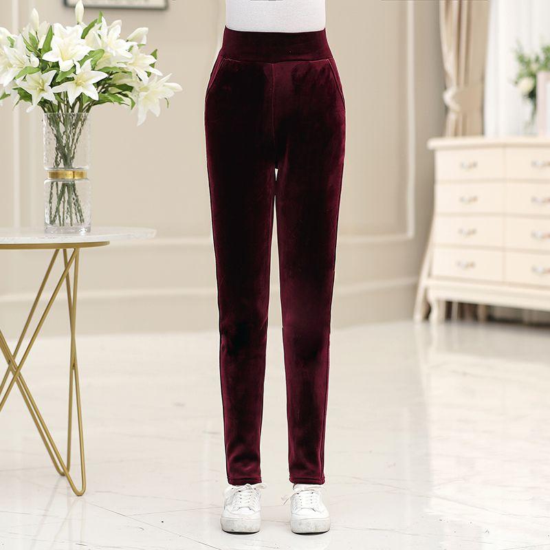 Autumn Winter Women's Fleece-Lined Velvet Pants High-Waist Slim Fit Thickened Warm Plus Size Skinny Pants
