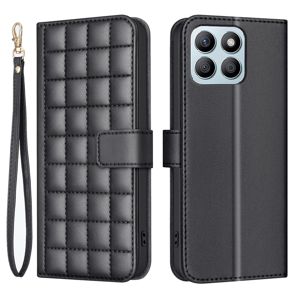 

For Honor X8b 4G Case Square Grid Leather Cover with Wallet Stand Black