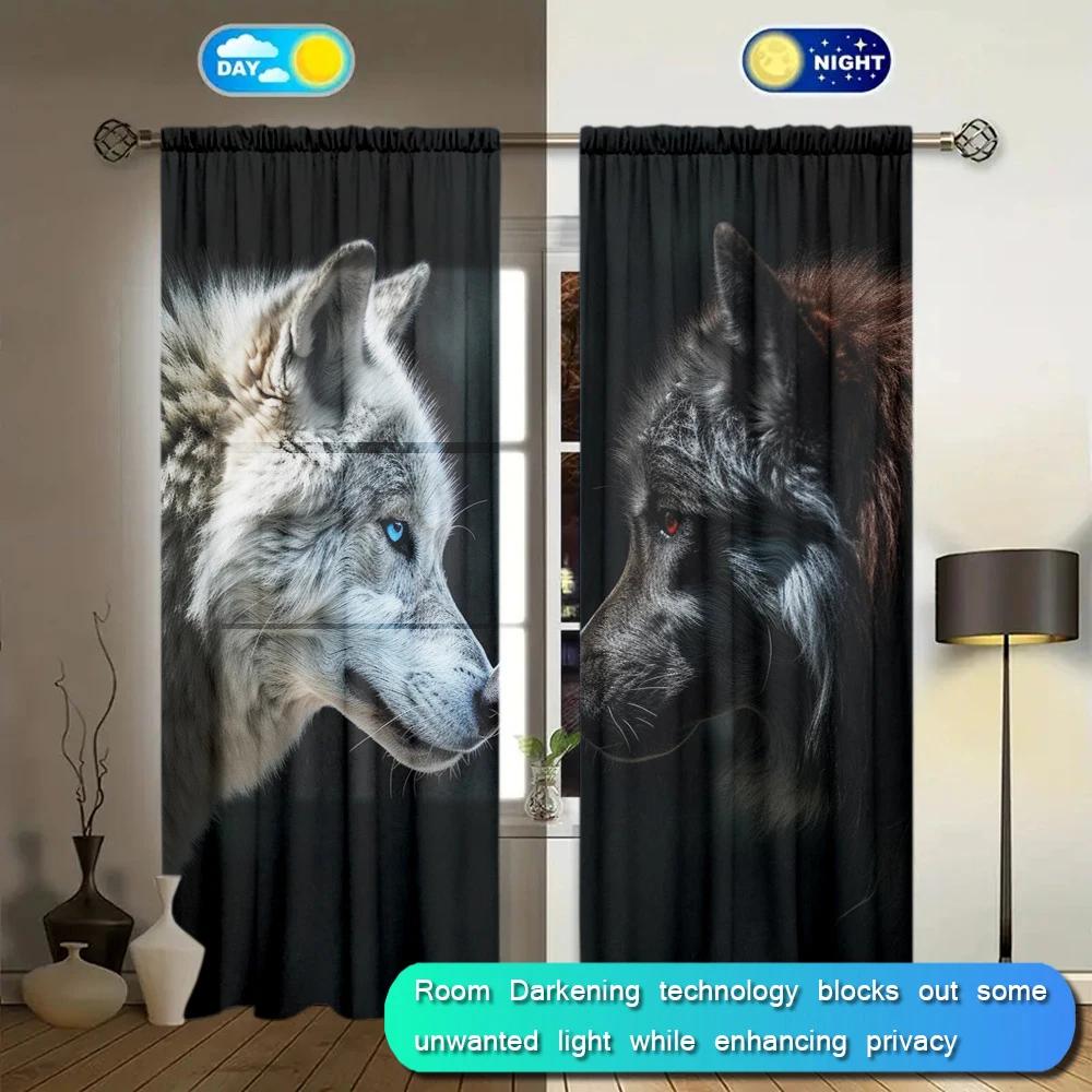 2 Stück Weißer Wolf Schwarzer Wolf Stil Bedruckter Vorhang für Heimdeko - Stangendurchzug Fensterbehandlung für Schlafzimmer, Büro und Küche